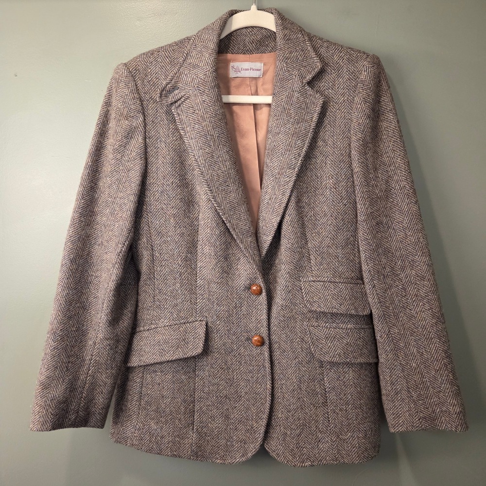 Vintage Evan-Picone Women's 100% Wool Blazer Elbow Patches Tweed Size 14